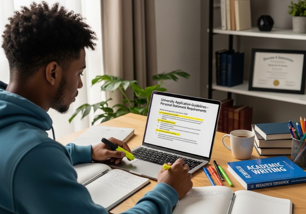 Student reading university application guidelines on laptop, highlighting key points related to personal statement requirements, focused research setup for personal statement for university