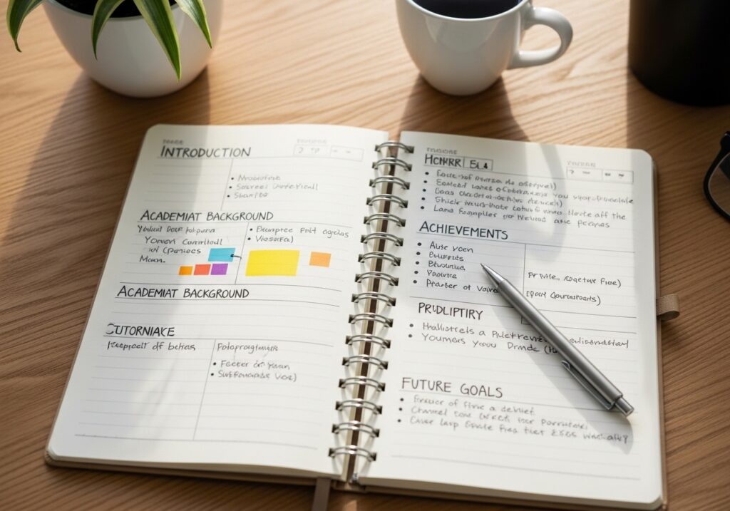 Notebook or screen showing structured outline with sections like introduction, academic background, achievements, and future goals, organized planning stage
