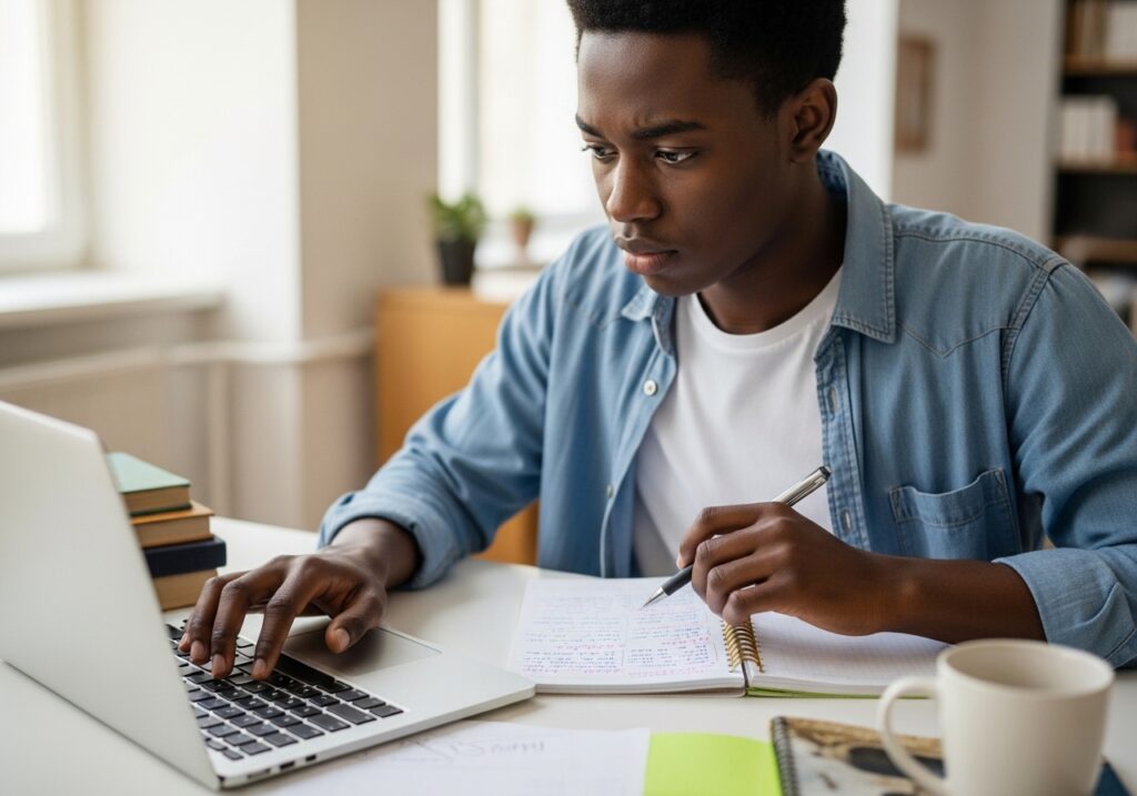 Student actively typing on laptop while referring to notes, focused posture, showing effort and concentration during writing process