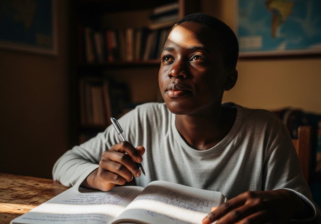 Student reflecting while writing, thinking deeply, possibly reviewing past achievements or experiences written in notes, emphasizing authenticity