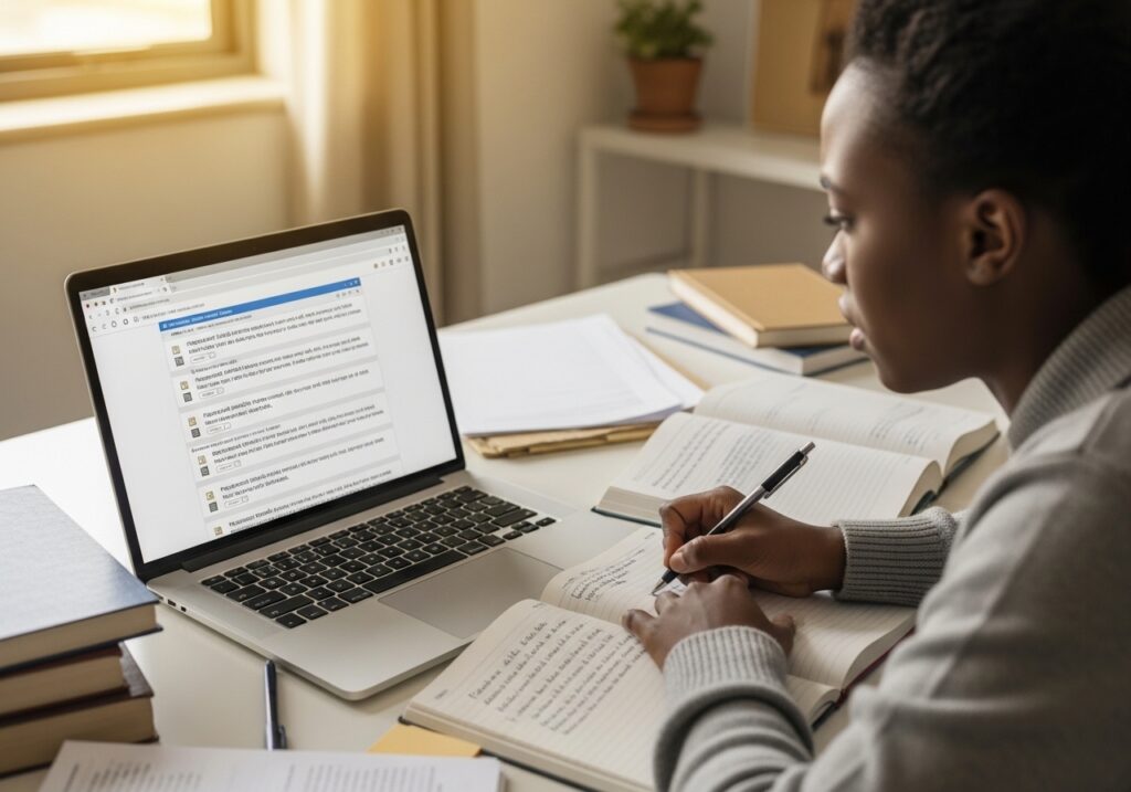 Student copying text from internet examples on laptop, showing lack of originality, similar text visible across tabs, representing common mistake