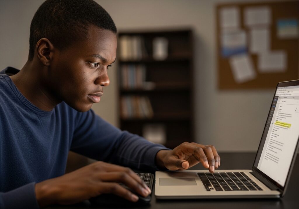 Student carefully reviewing and editing personal statement on laptop, checking grammar, making corrections, focused and detail-oriented