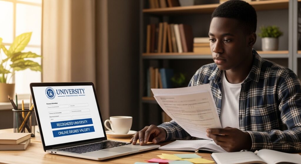 Young Nigerian student sitting at a desk with a laptop open on a university admission page, holding printed documents and looking thoughtful; on screen visible elements like “Accredited Program” or “Recognized University”; background includes books, study notes, and a calm study environment; focus on decision-making and verification of online degree validity