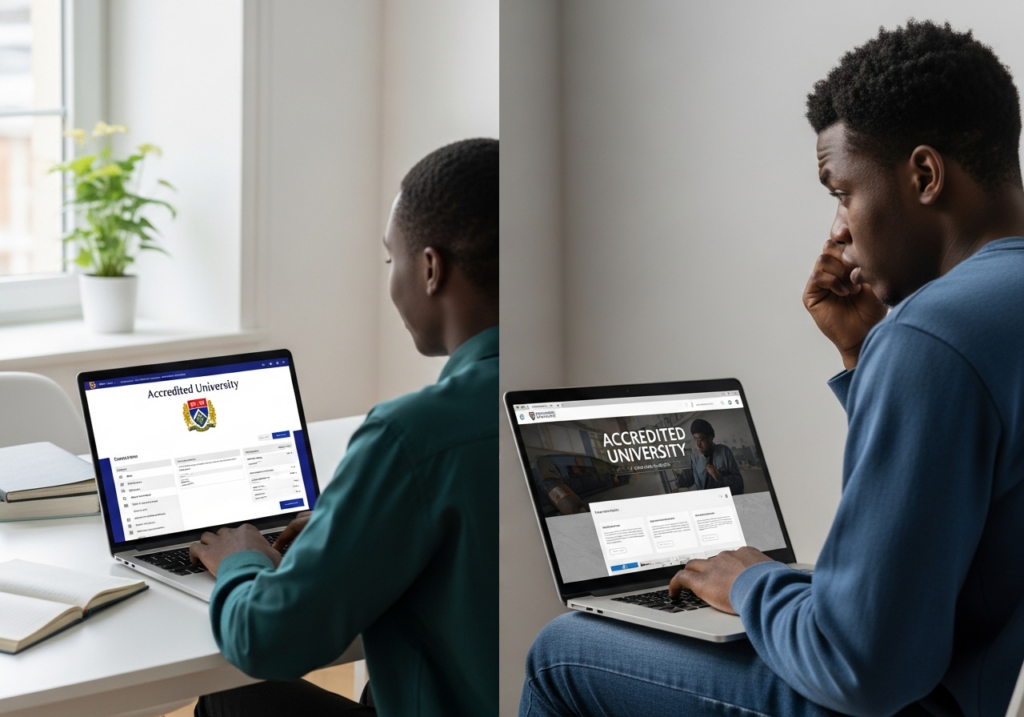Split visual: Left side: Nigerian student confidently studying on laptop with “Accredited University” interface visible Right side: confused student looking at suspicious website with unclear or fake university branding Split visual: Left side: Nigerian student confidently studying on laptop with “Accredited University” interface visible Right side: confused student looking at suspicious website with unclear or fake university branding