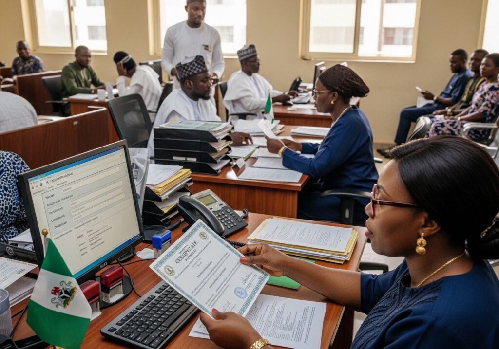 Office environment with officials reviewing documents; Nigerian applicant submitting certificates at a government desk; documents being checked on computer system; focus on verification process and government job eligibility
