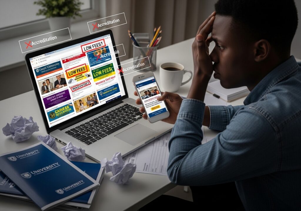 Student scrolling on phone or laptop looking at multiple university ads, appearing confused; too many tabs open, unclear information, low fees highlighted; represents common mistakes like not checking accreditation
