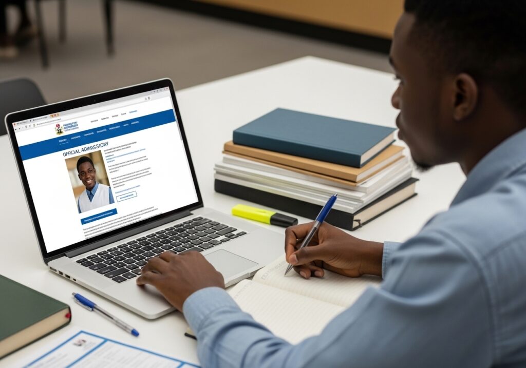 Confident Nigerian student checking official websites on laptop; clear interface showing government or education authority page; taking notes, organized documents beside them; focus on responsible research and verification before applying