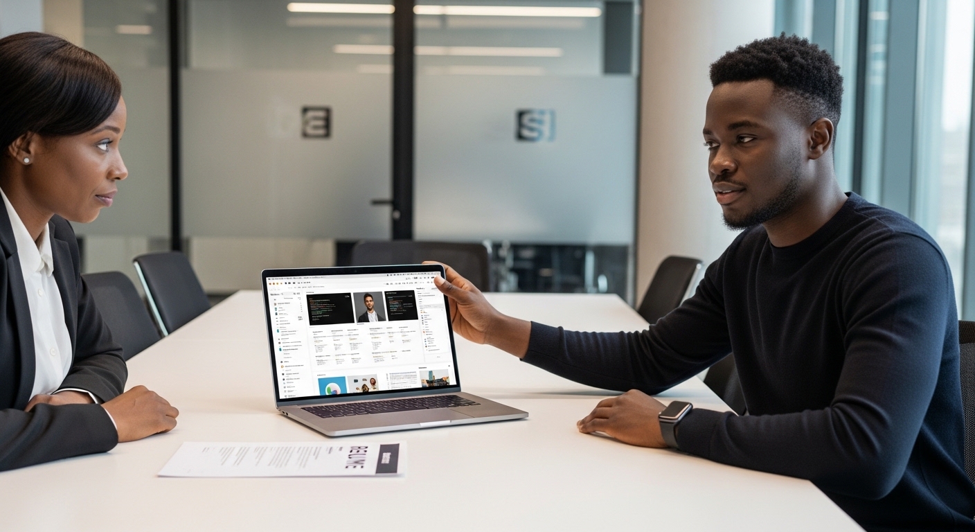 Nigerian candidate presenting project work on laptop during interview; screen shows portfolio (designs, code, marketing dashboard); interviewer focused on skills rather than degree format