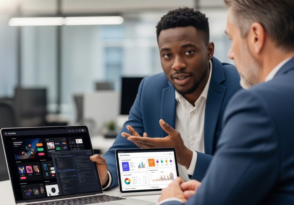 Young Nigerian professional in a modern office holding a laptop showing portfolio or project work; interviewer across table reviewing resume; confident body language, professional setting; represents online degree value in real hiring scenario