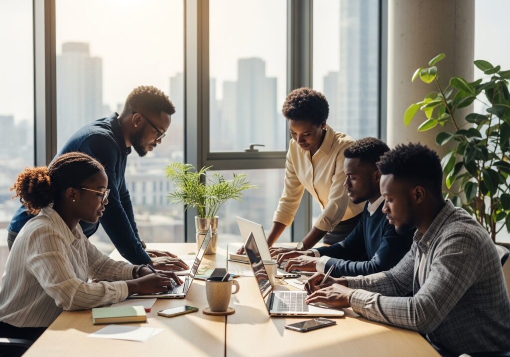 Group of young African professionals working in modern office: one coding on laptop one reviewing business analytics dashboard one working on marketing campaign shows industries where online degrees are widely accepted