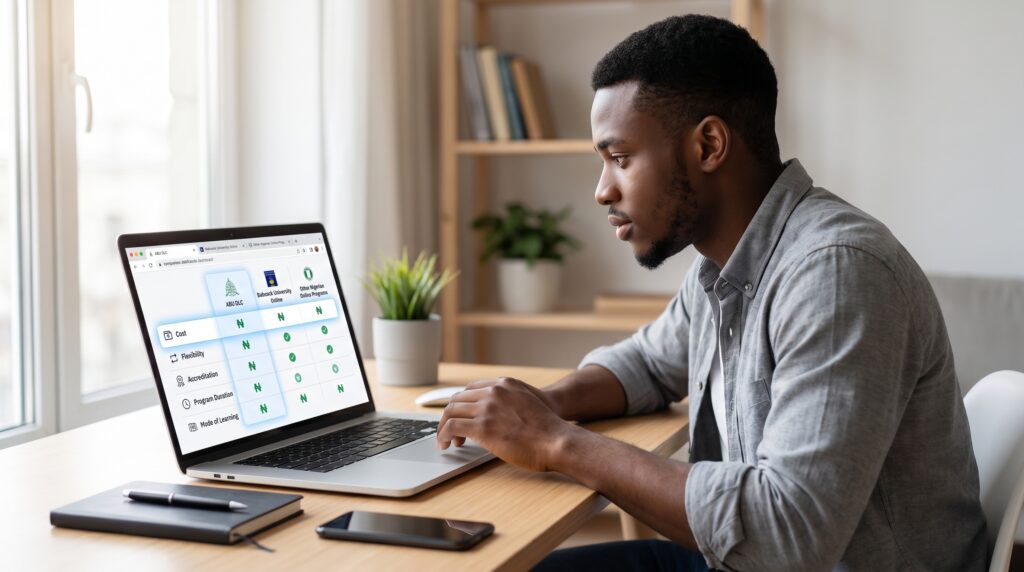 Decision flow chart with key questions: budget career goals time availability learning style pathways leading to different university choices; represents structured decision-making for choosing online universities