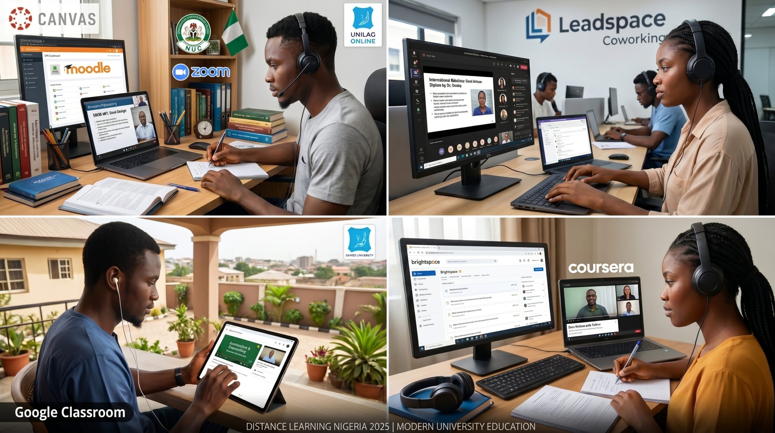 Nigerian students attending online university classes from different environments including home offices, coworking spaces, and mobile devices; modern distance learning setup with LMS dashboards, virtual classrooms, and digital course materials visible on screens; professional education technology atmosphere representing distance learning Nigeria 2025 and mainstream online education adoption