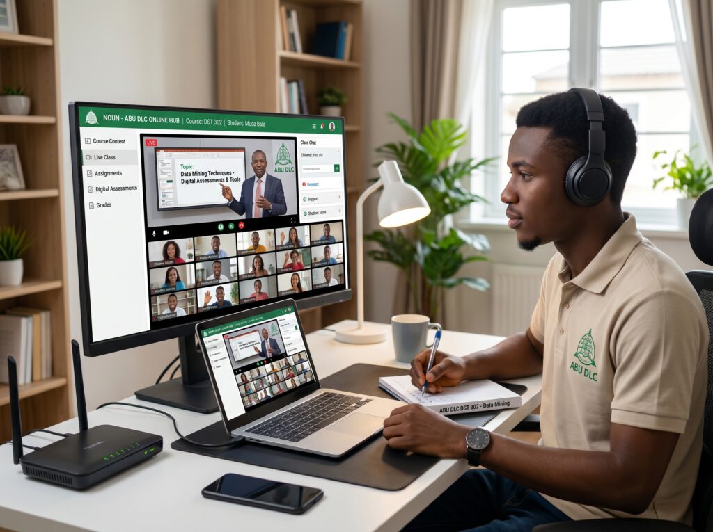 Professional virtual learning session featuring Nigerian students interacting with lecturers through structured LMS systems; modern online university environment inspired by ABU DLC and NOUN distance learning style platforms with digital assessments and student support tools