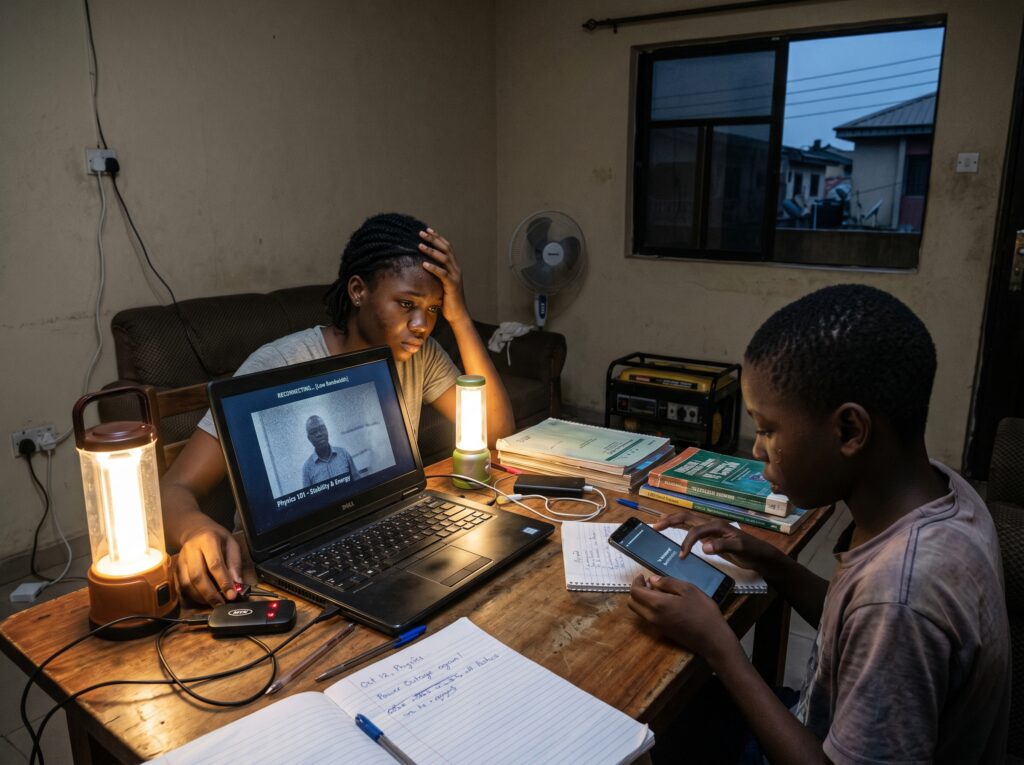 Realistic visual showing students dealing with: unstable electricity internet connectivity issues outdated learning systems limited digital access while trying to participate in remote classes; balanced educational technology realism for digital education Nigeria