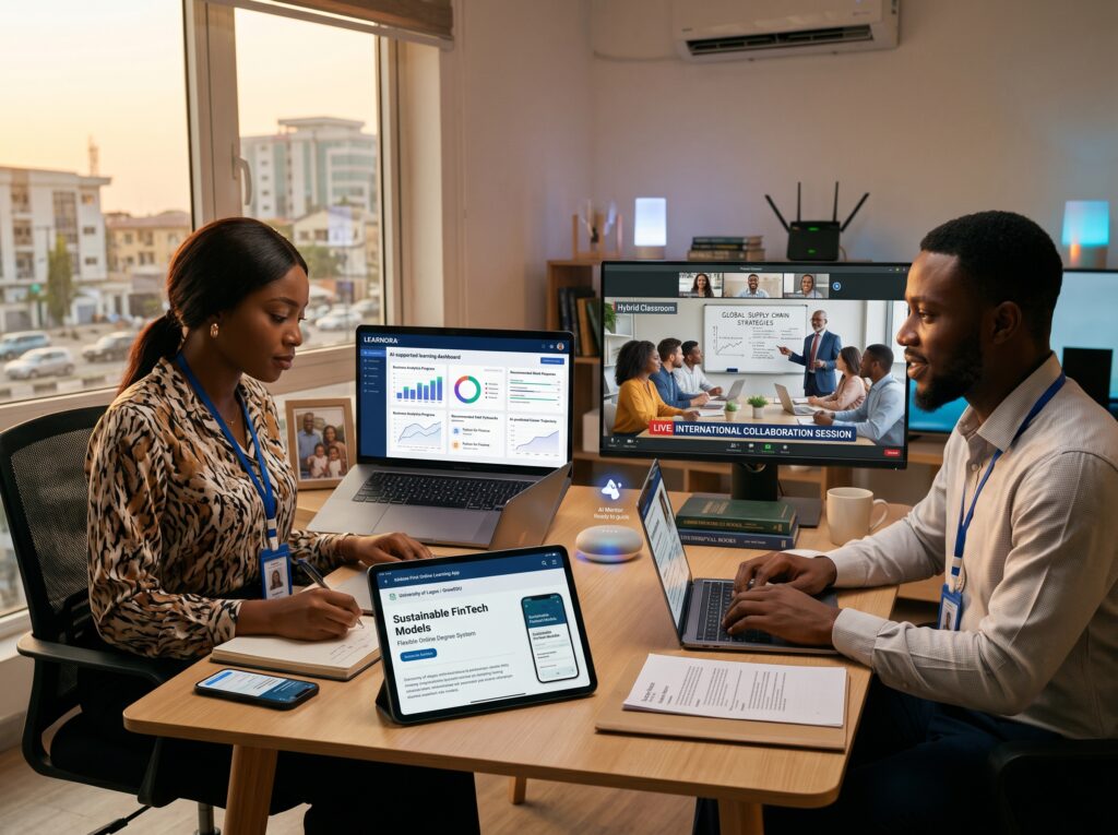 Forward-looking education technology scene with AI-supported learning dashboards, hybrid classrooms, mobile-first education platforms, and flexible online degree systems; young Nigerian professionals studying remotely while balancing work and career growth
