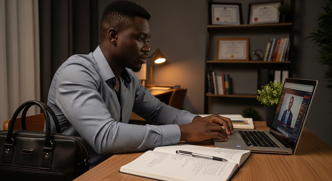 Young Nigerian professional sitting at a desk at night with a laptop open to an online class; study while working office bag placed beside, notebook open with study notes; slightly tired but focused expression; background shows mix of work and study environment; represents real-life study while working situation
