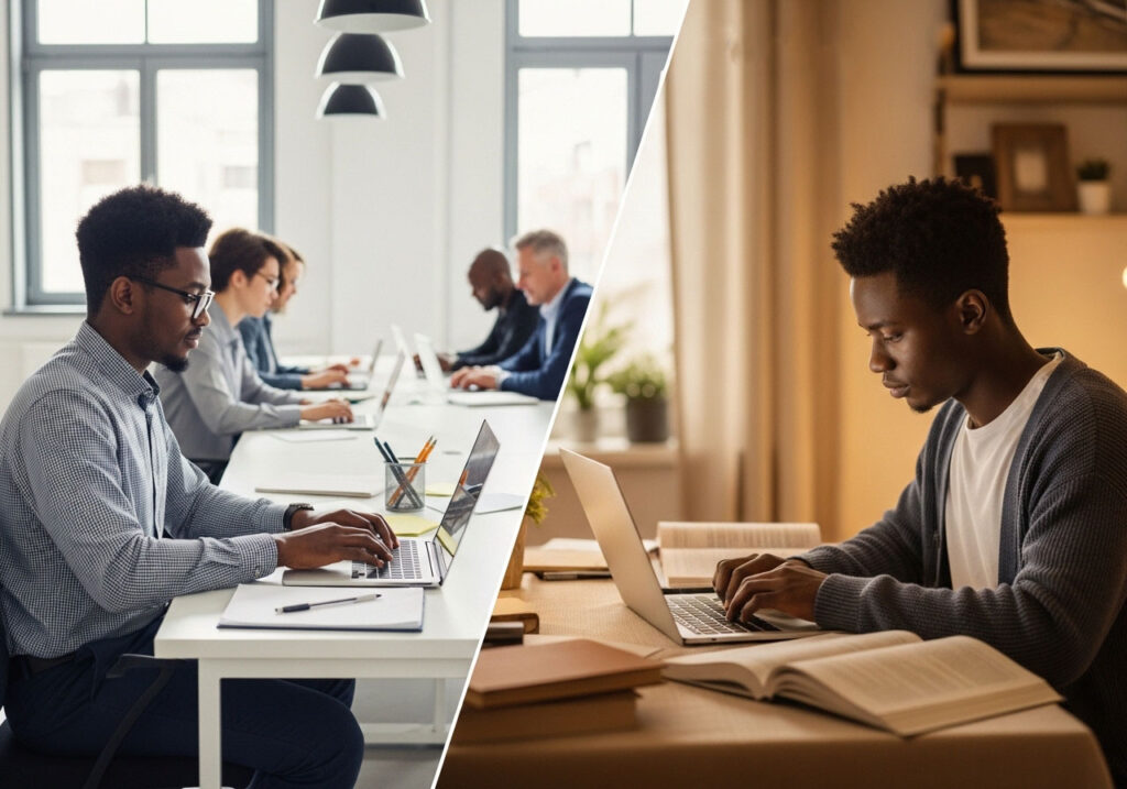 Split scene showing same person in two moments: study while working morning: working in office with laptop and colleagues evening: studying at home on laptop clear visual of work and study balance
