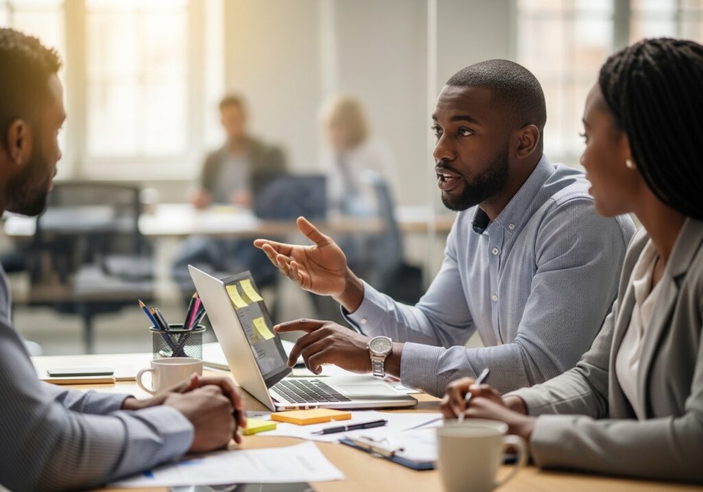 Professional applying knowledge at workplace: employee discussing ideas with team while referencing notes on laptop; shows learning being used in real job environment . study while working