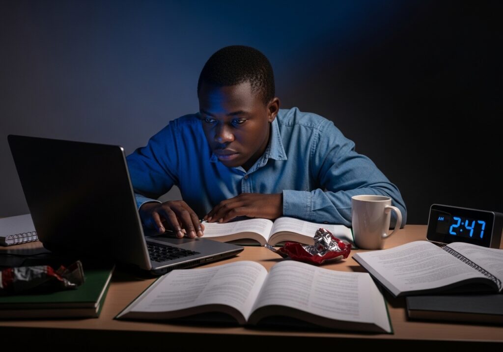 Student sitting late at night looking tired, surrounded by laptop, books, and coffee; study while working clock showing late hours; represents stress, time pressure, and workload challenges