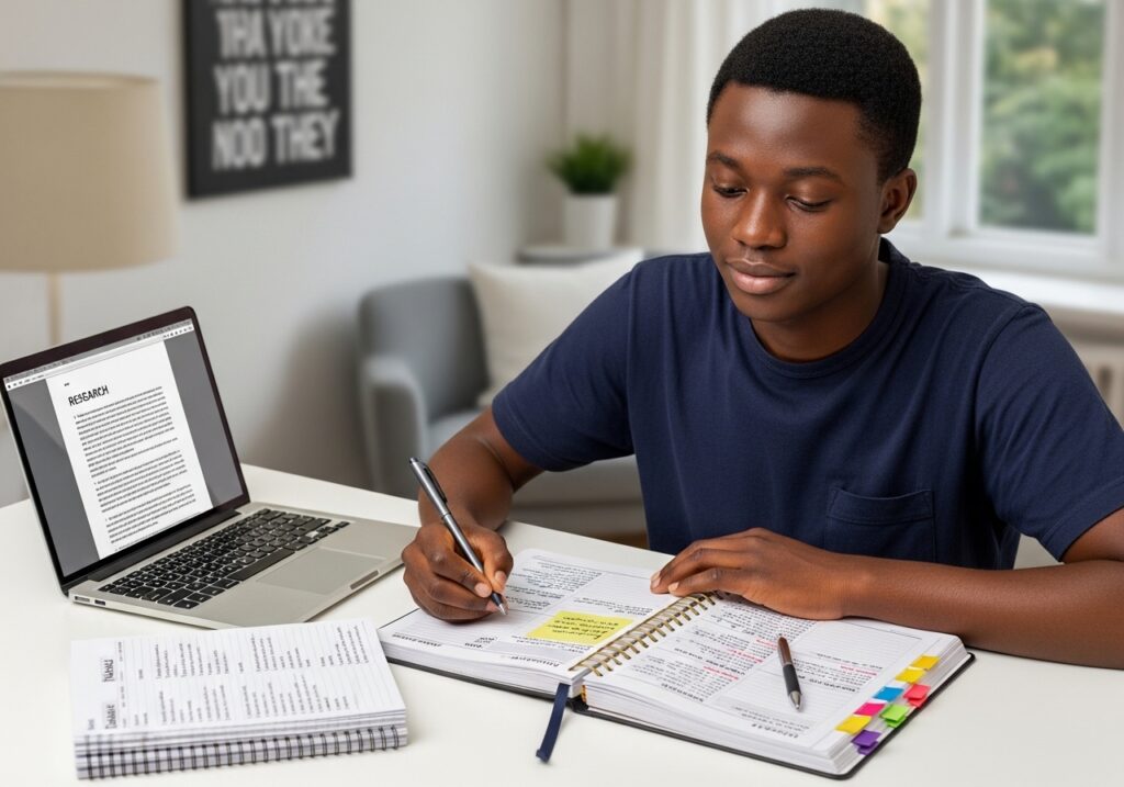 Clean desk setup with planner, laptop, and weekly schedule visible; study while working student calmly studying with structured notes; focus on discipline, planning, and time management