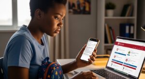 Student checking university admission portal online to avoid admission scams and fake admission agents during university application process