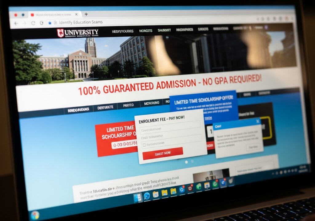 Fake university admission website showing misleading scholarship offers and payment popups linked to admission scams and education scams