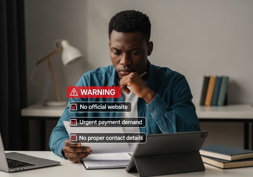 Student reviewing warning signs of admission scams including fake admission agents urgent payment requests and missing official university details