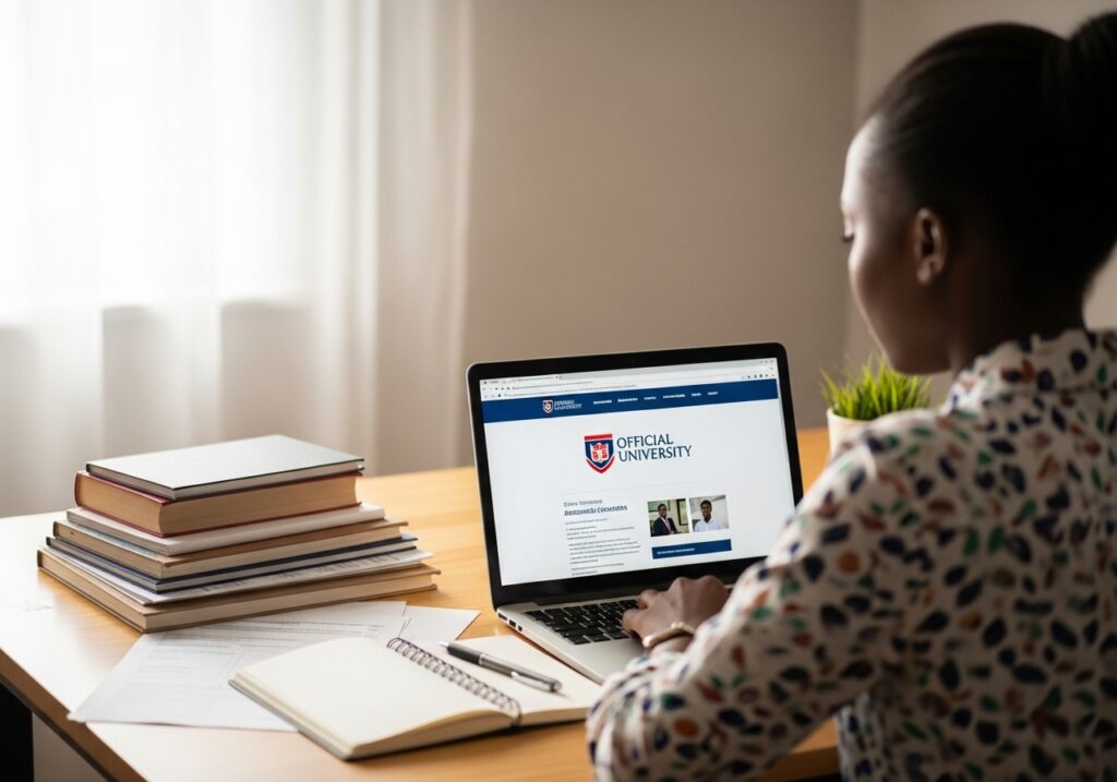 Student verifying official university website and secure admission portal to stay protected from admission scams and university admission fraud