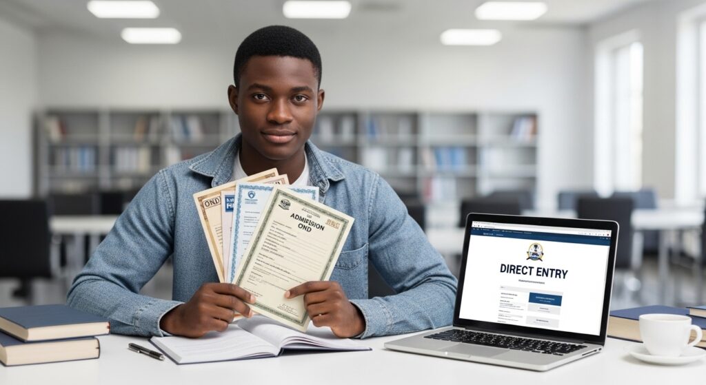 Young Nigerian student sitting with laptop open to a university admission page showing “Direct Entry”; holding academic certificates (OND/HND/NCE style documents); confident expression, study desk setup; background clean and academic; represents direct entry admission Nigeria as a smart alternative path