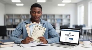 Young Nigerian student sitting with laptop open to a university admission page showing “Direct Entry”; holding academic certificates (OND/HND/NCE style documents); confident expression, study desk setup; background clean and academic; represents direct entry admission Nigeria as a smart alternative path