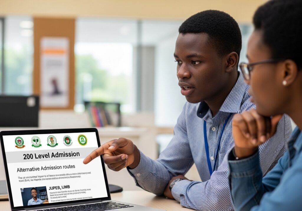 Student explaining or discussing admission options with a peer or counselor; laptop screen showing university options and “200 Level Admission”; focus on understanding alternative admission Nigeria route