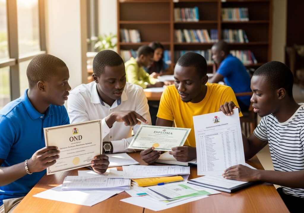 Group of Nigerian students holding certificates or documents (OND, diploma, A-level); reviewing eligibility together; clear academic environment, showing different qualification backgrounds