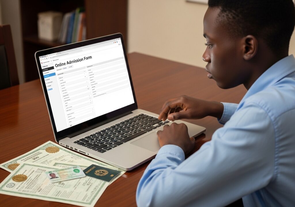 Student filling online admission form on laptop; documents placed neatly on table (certificates, ID, passport photo); focused expression; represents step-by-step direct entry application process