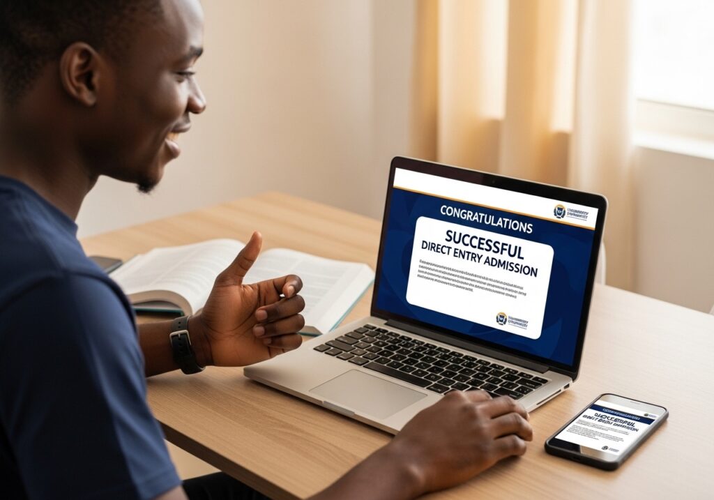 Happy student receiving admission confirmation on laptop or phone; smiling, relaxed posture; represents successful direct entry admission into university