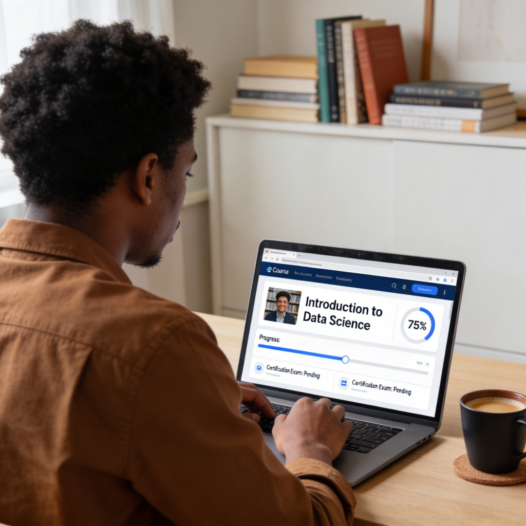 Student using online platforms for certification learning; laptop showing course dashboard, progress tracking, and modules; represents online professional certifications and flexible learning formats