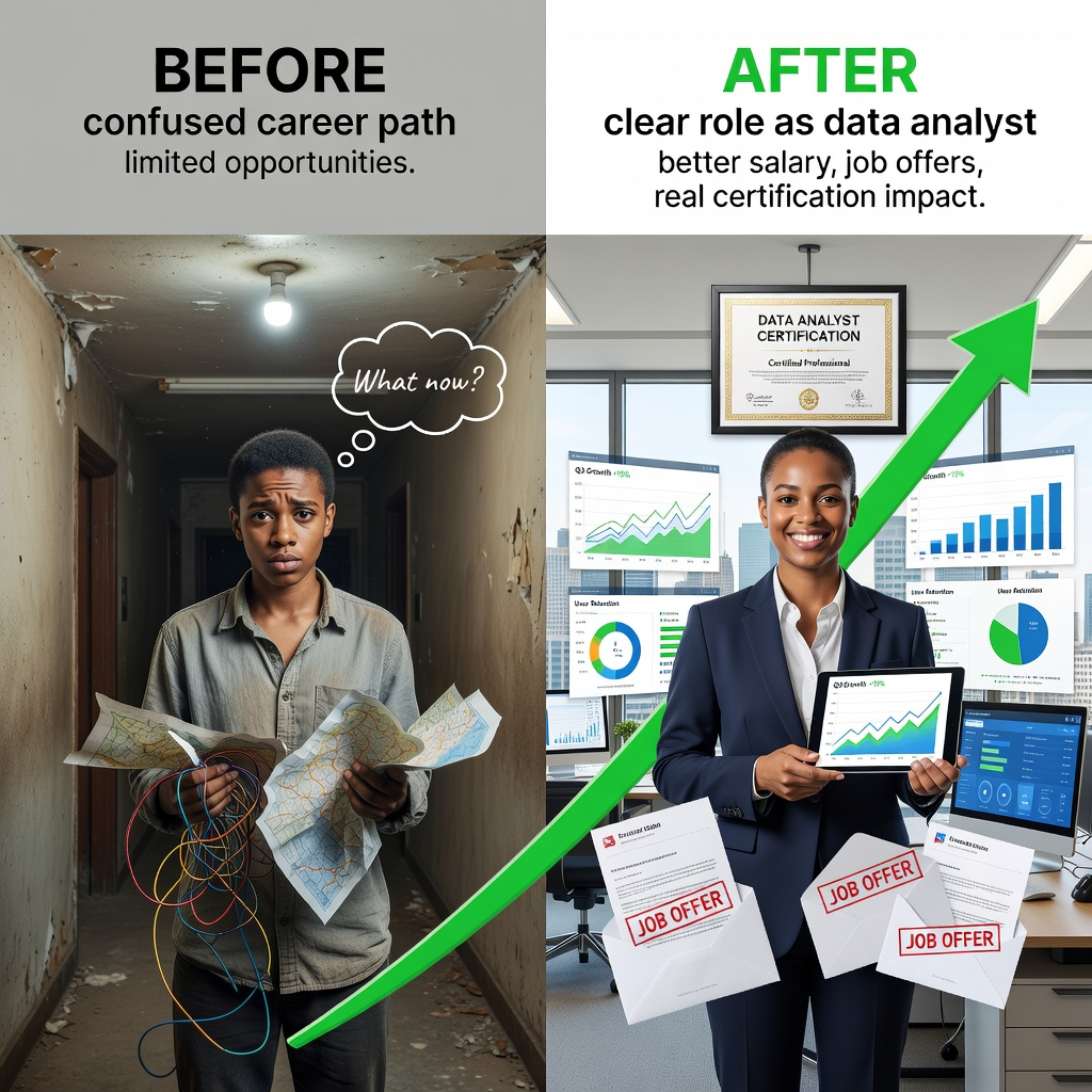 Before vs After visual: Before: confused career path limited opportunities After: clear role (e.g., data analyst, project manager) better salary job offers represents real impact of choosing the right certification