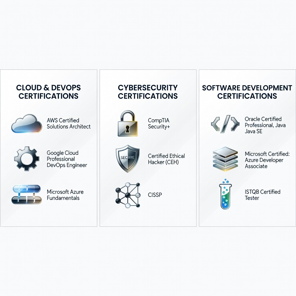 Grid-style visual showing categories: Tech certifications Business certifications Professional certifications each with icons and examples; represents best certifications for career growth. professional certifications worth it