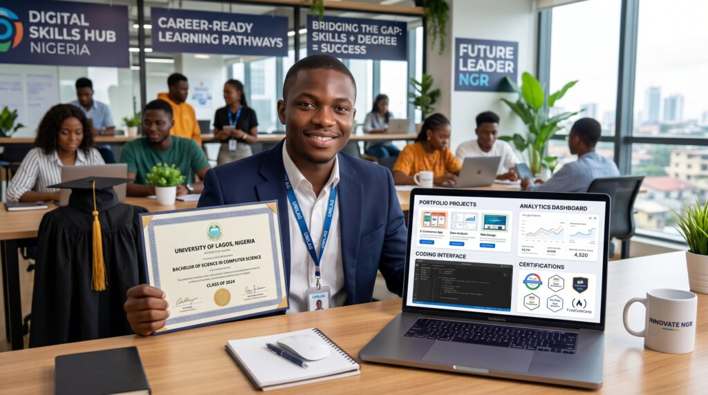 Young Nigerian graduate working on digital skills while holding university degree certificate; laptop screen displaying portfolio projects, analytics dashboards, coding interfaces, and certification badges; modern employability-focused environment representing skills vs degree Nigeria job market and career-ready learning pathways
