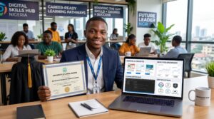Young Nigerian graduate working on digital skills while holding university degree certificate; laptop screen displaying portfolio projects, analytics dashboards, coding interfaces, and certification badges; modern employability-focused environment representing skills vs degree Nigeria job market and career-ready learning pathways