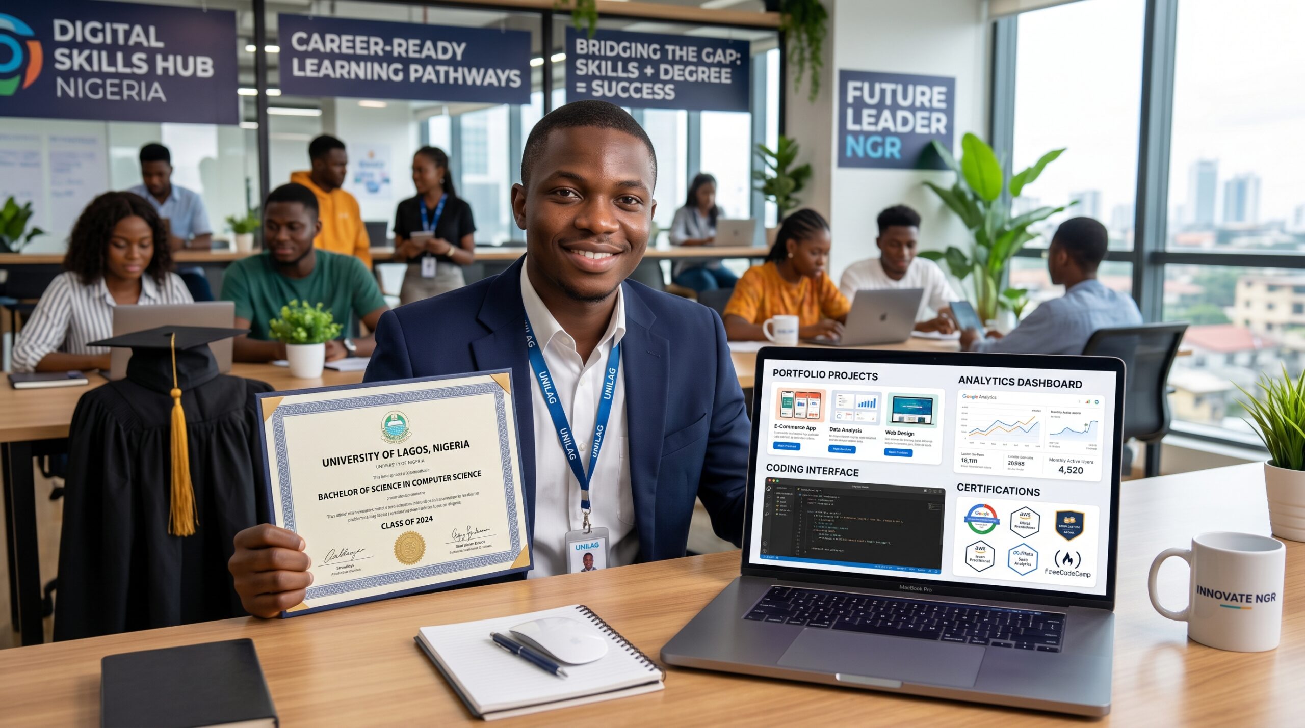 Young Nigerian graduate working on digital skills while holding university degree certificate; laptop screen displaying portfolio projects, analytics dashboards, coding interfaces, and certification badges; modern employability-focused environment representing skills vs degree Nigeria job market and career-ready learning pathways