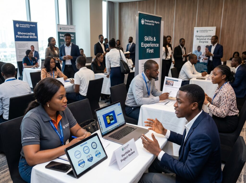 Recruiters reviewing candidates based on: portfolios certifications practical projects communication skills experience rather than degrees alone; professional hiring and employability environment representing employability Nigeria graduates