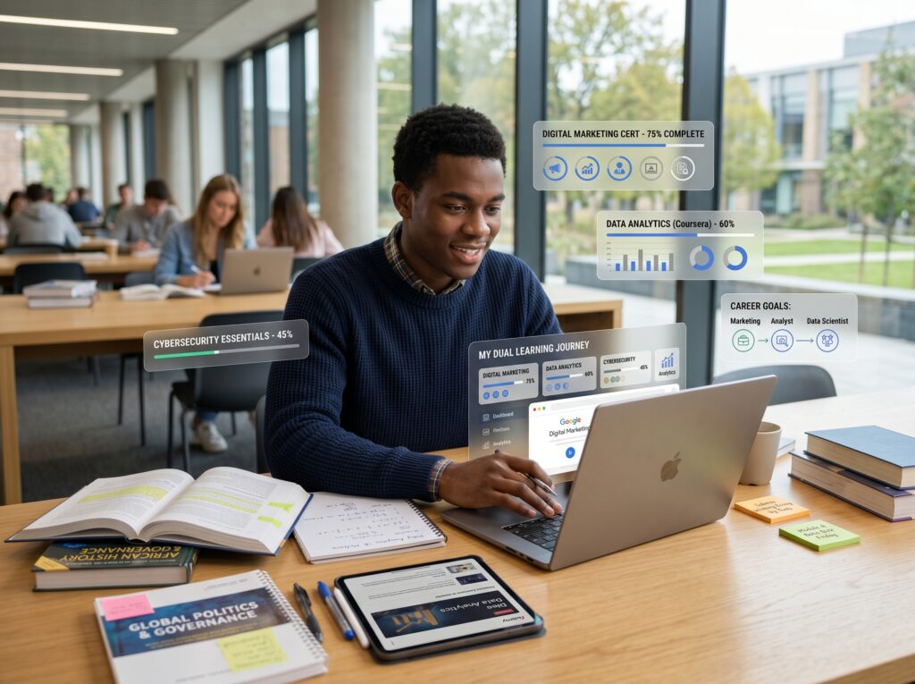 Student balancing university coursework with online certifications in: digital marketing data analytics cybersecurity technology skills visual showing dual-learning pathway with degree plus career-focused certifications
