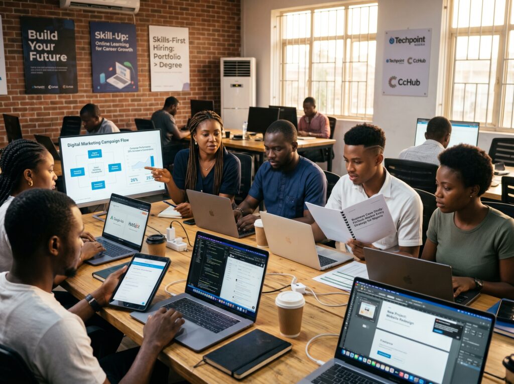 Nigerian young professionals building portfolio projects, freelance work, GitHub repositories, marketing campaigns, and business case studies; modern digital workspace representing online learning for career growth Nigeria and skills-first hiring trends