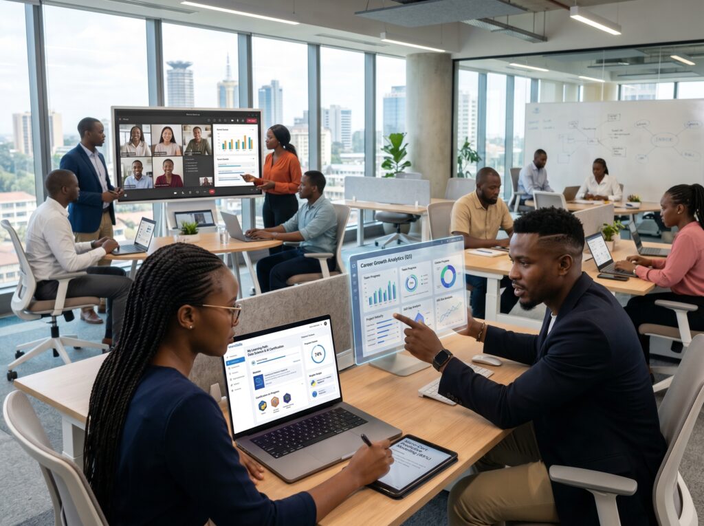 Forward-looking career growth visual showing AI-powered workplaces, remote work environments, lifelong learning platforms, and adaptive professional development; young professionals continuously upgrading skills through flexible education and certification pathways
