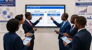 Professional Nigerian executives and working professionals comparing MBA study options on digital screens showing Online MBA, Part-Time MBA, and Executive MBA pathways; modern business education environment with career growth charts, leadership development programs, flexible learning schedules, and postgraduate education planning; diverse Nigerian professionals in business attire evaluating MBA programs and career advancement opportunities