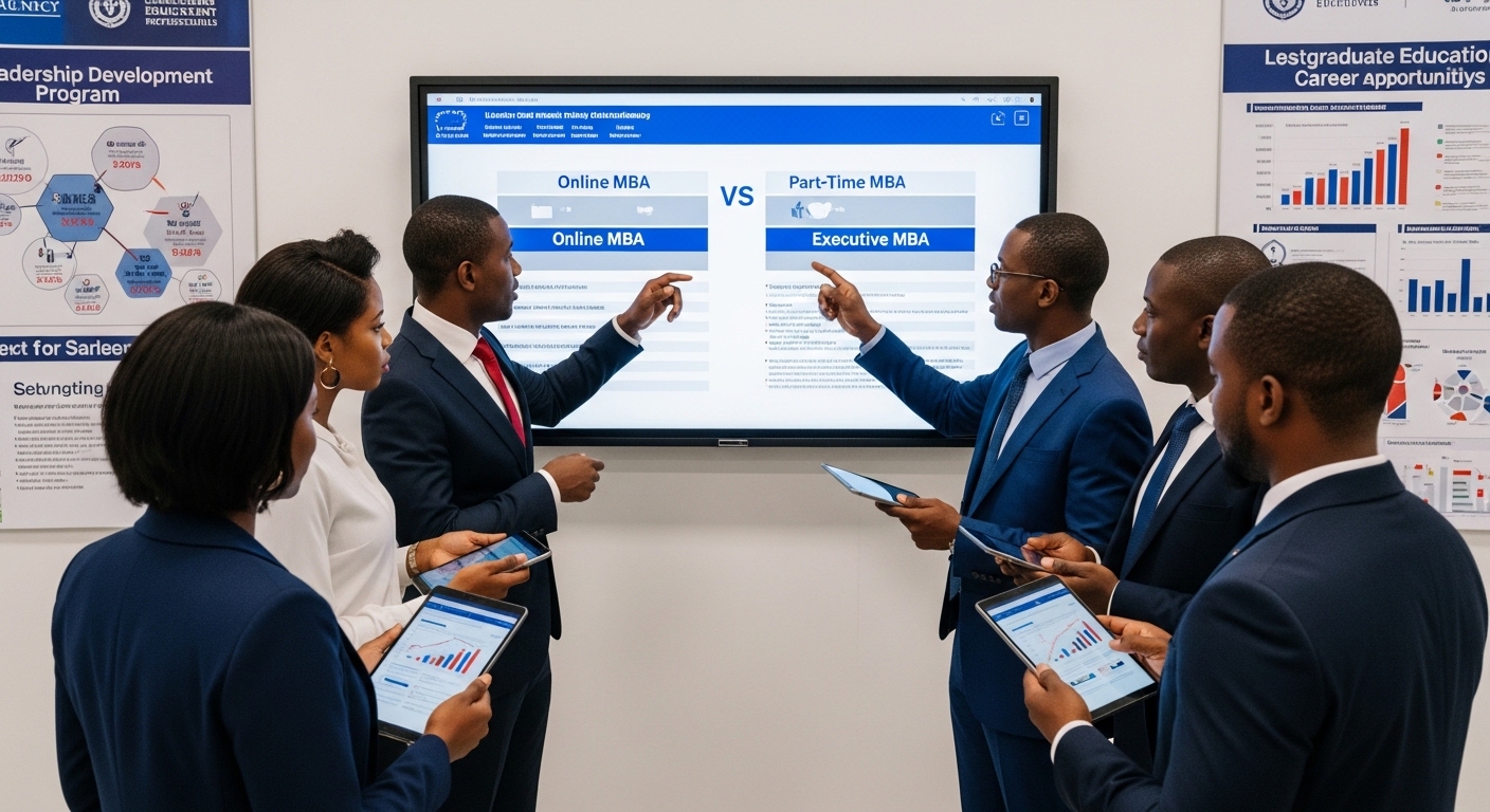 Professional Nigerian executives and working professionals comparing MBA study options on digital screens showing Online MBA, Part-Time MBA, and Executive MBA pathways; modern business education environment with career growth charts, leadership development programs, flexible learning schedules, and postgraduate education planning; diverse Nigerian professionals in business attire evaluating MBA programs and career advancement opportunities