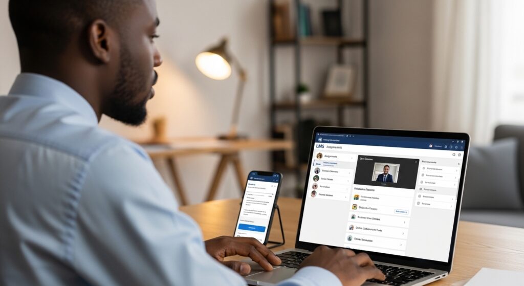 Nigerian working professional attending virtual MBA lectures from a home office setup using laptop and mobile devices; modern LMS dashboard displaying assignments, live classes, discussion forums, business case studies, and online collaboration tools; flexible learning environment representing accredited online MBA programs in Nigeria