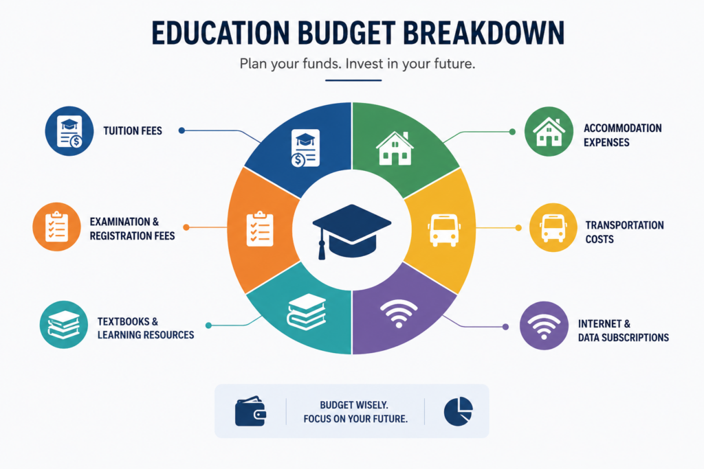 Detailed educational budgeting infographic showing complete degree cost breakdown including: tuition fees accommodation expenses transportation costs internet and data subscriptions textbooks and learning resources examination and registration fees professional student financial planning visual designed for Nigerian higher education