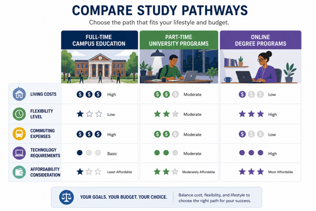 Comparison visual showing three study pathways: full-time campus education part-time university programs online degree programs with side-by-side illustrations of living costs, flexibility levels, commuting expenses, technology requirements, and affordability considerations; clear education cost comparison framework