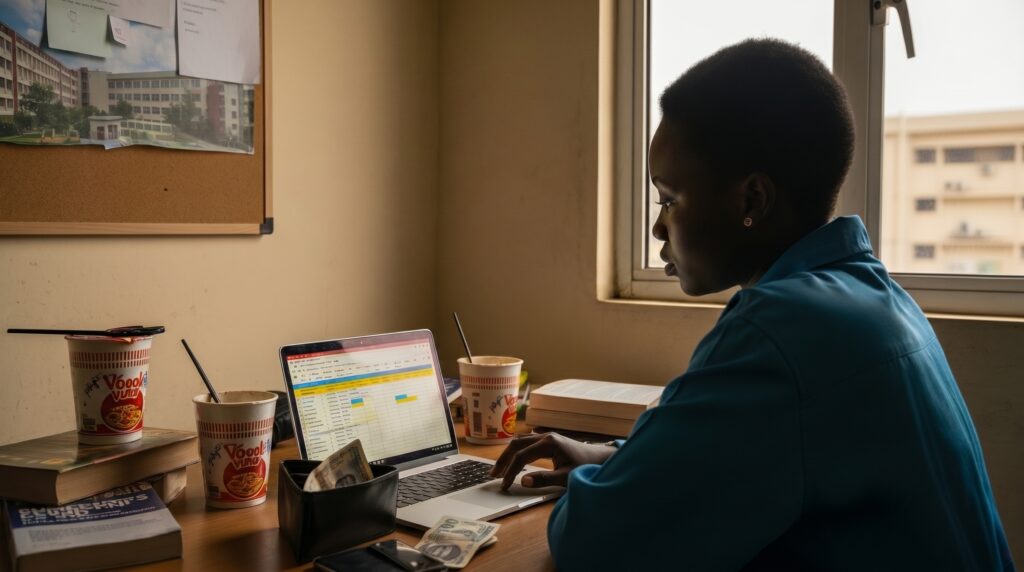 Realistic student budgeting scene showing overlooked university expenses such as: laptop upgrades internet subscriptions project printing costs professional certifications graduation expenses examination travel costs practical financial awareness visual highlighting real-world student challenges